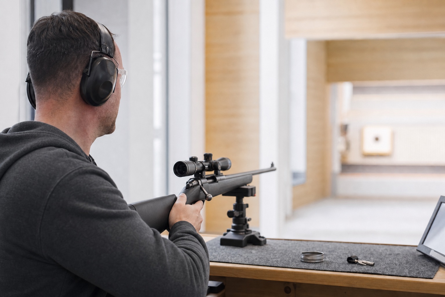 Sportschütze in Freizeitkleidung mit Gehörschutz und Schutzbrille beim Kleinkalibertraining